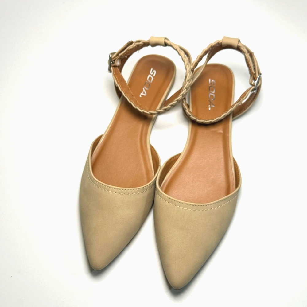SODA Beige Pointed Toe Flats Sz 11 Braided Ankle Strap Faux Leather New